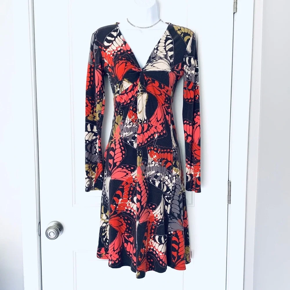 CAbi brown abstract-print long-sleeve dress Size S